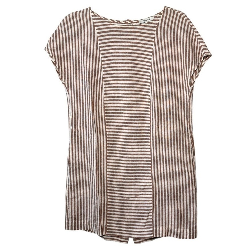 Madewell Women's Linen Stripe-Play Button-Back Tee Dress‎ Small Earthy Summer